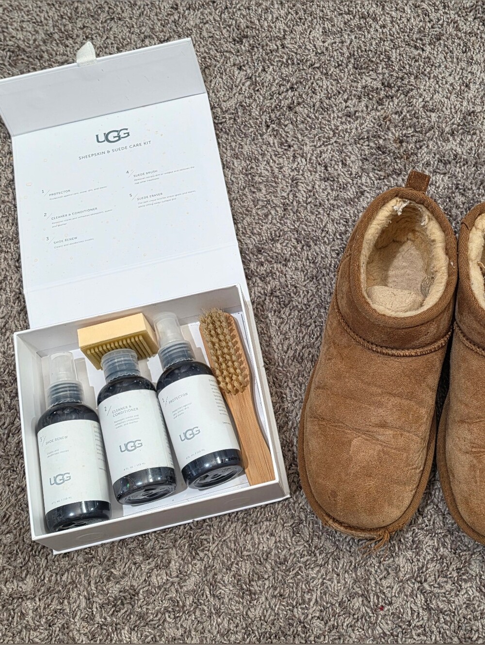 UGG Kids Brown Shearling Lined Slip-On MINI Boots AND Cleaning Kit